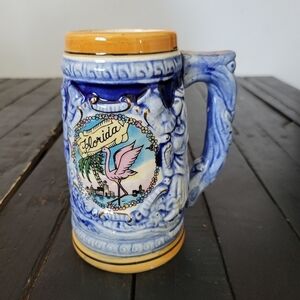 Vintage Florida Stein Mug Handle Cup Blue Tan Souvenir Destination Vacation